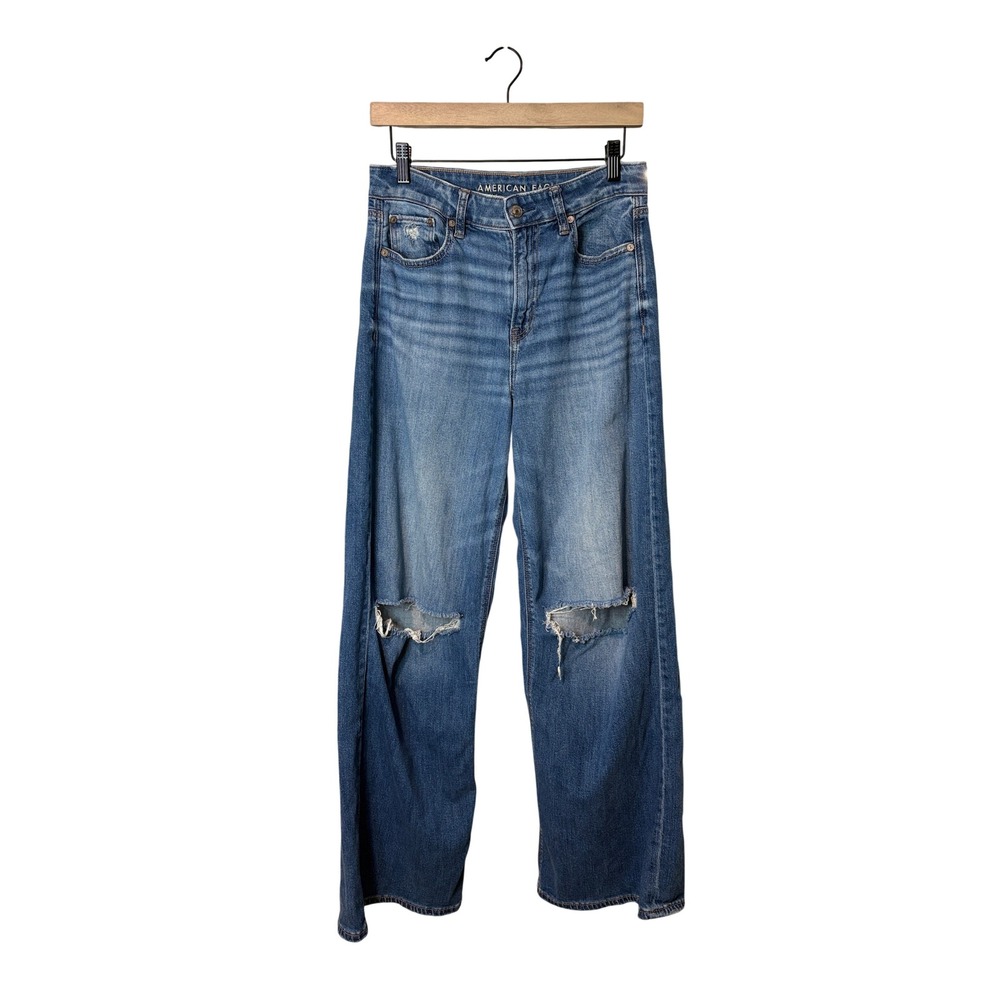 American‎ Eagle Super High-Rise Baggy Wide Leg Distressed Jeans Blue 4 Regular